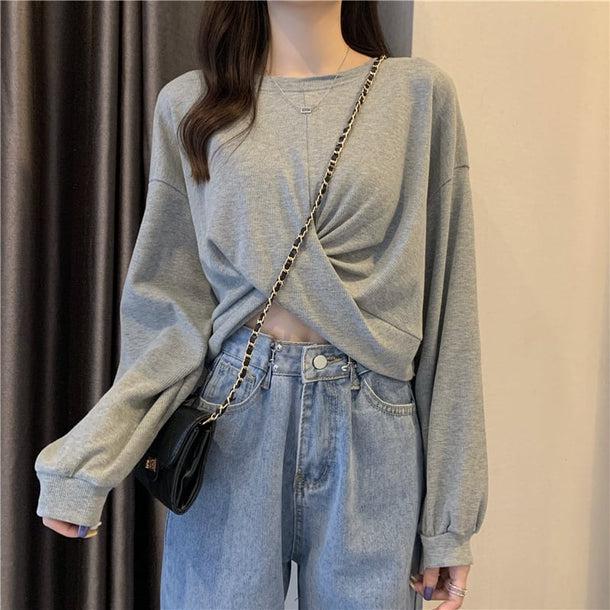 クロップドデザインスウェット 5118-gray_お取り寄せ51181-画像2-韓国ファッション通販POPREA［ポップリア］