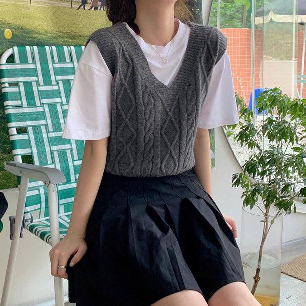 デザインケーブルニットベスト 5119-gray_お取り寄せ51191-画像1-韓国ファッション通販POPREA［ポップリア］