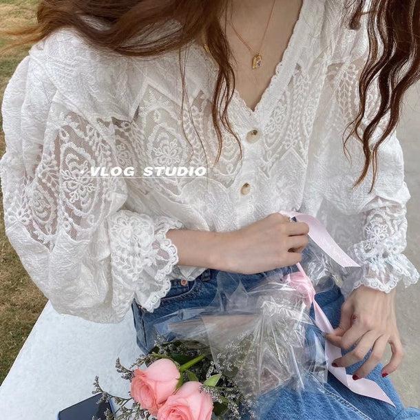 Vネックシフォンシアーカーディガン﻿ 5123-お取り寄せ5123-画像4-韓国ファッション通販POPREA［ポップリア］