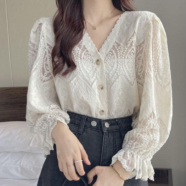 Vネックシフォンシアーカーディガン﻿ 5123-お取り寄せ5123-画像5-韓国ファッション通販POPREA［ポップリア］