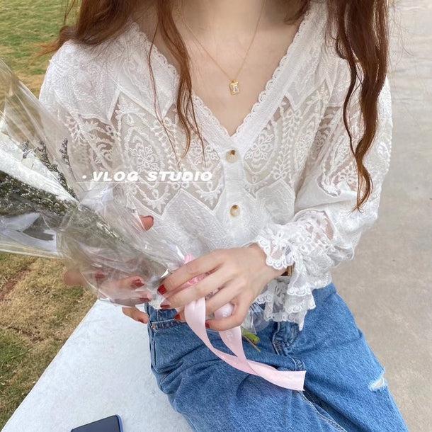 Vネックシフォンシアーカーディガン﻿ 5123-お取り寄せ5123-画像1-韓国ファッション通販POPREA［ポップリア］