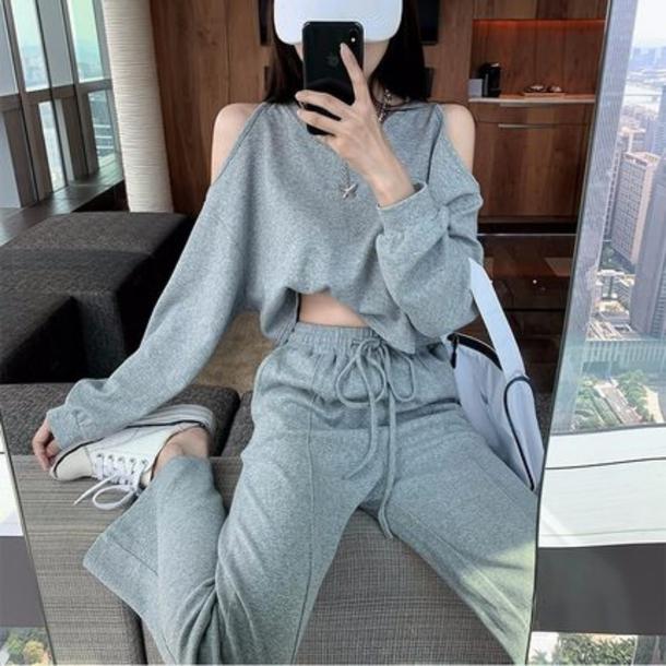 オフショルトレーナー＆パンツセット 5132-S/gray_お取り寄せ51321-画像1-韓国ファッション通販POPREA［ポップリア］