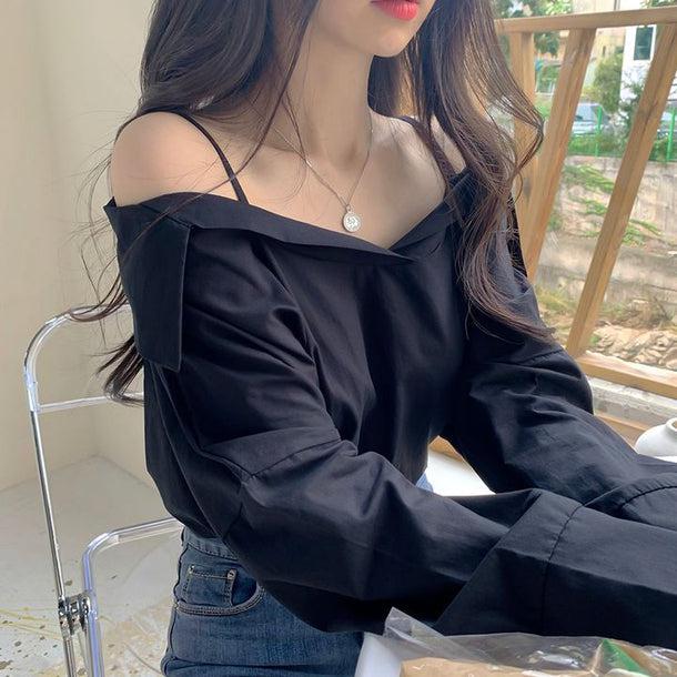 オフショルダーシンプルシャツブラウス 5133-black_お取り寄せ51331-画像1-韓国ファッション通販POPREA［ポップリア］