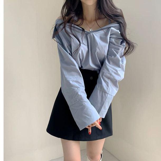 オフショルダーシンプルシャツブラウス 5133-blue_お取り寄せ51333-画像14-韓国ファッション通販POPREA［ポップリア］