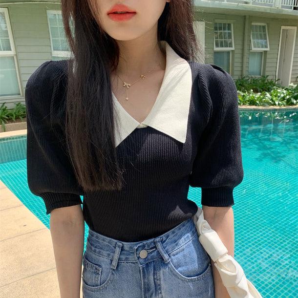 パフスリーブポロリブトップス﻿ 5138-black_お取り寄せ51381-画像2-韓国ファッション通販POPREA［ポップリア］