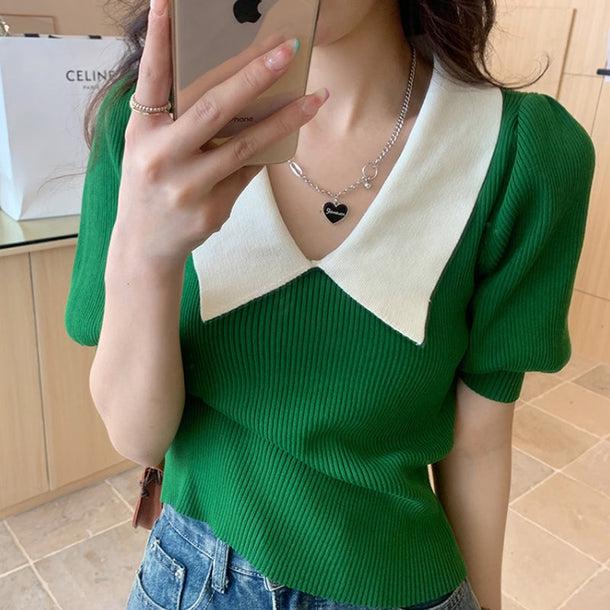 パフスリーブポロリブトップス﻿ 5138-green_お取り寄せ51382-画像8-韓国ファッション通販POPREA［ポップリア］