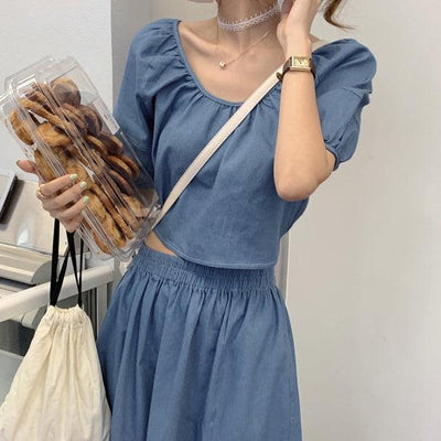 デニムバックリボントップス＆スカート﻿ 5141-お取り寄せ5141-画像4-韓国ファッション通販POPREA［ポップリア］