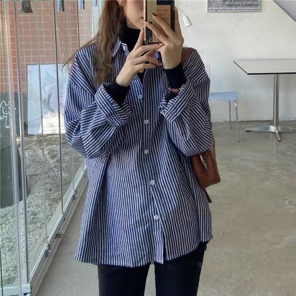 カジュアルストライプシャツ 5150-blue_お取り寄せ51501-画像1-韓国ファッション通販POPREA［ポップリア］