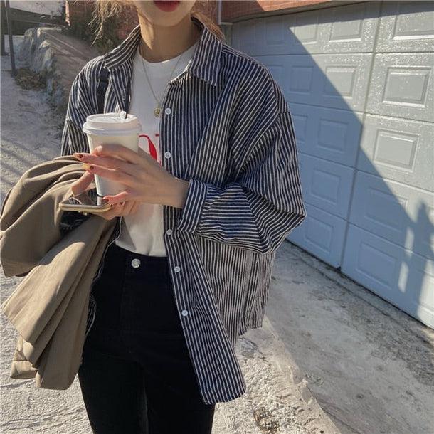 カジュアルストライプシャツ 5150-black_お取り寄せ51502-画像2-韓国ファッション通販POPREA［ポップリア］