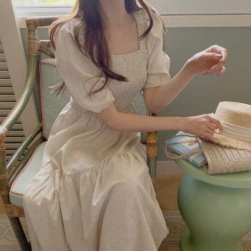 スクエアカラーレトロコットンワンピース 5157-お取り寄せ5157-画像2-韓国ファッション通販POPREA［ポップリア］