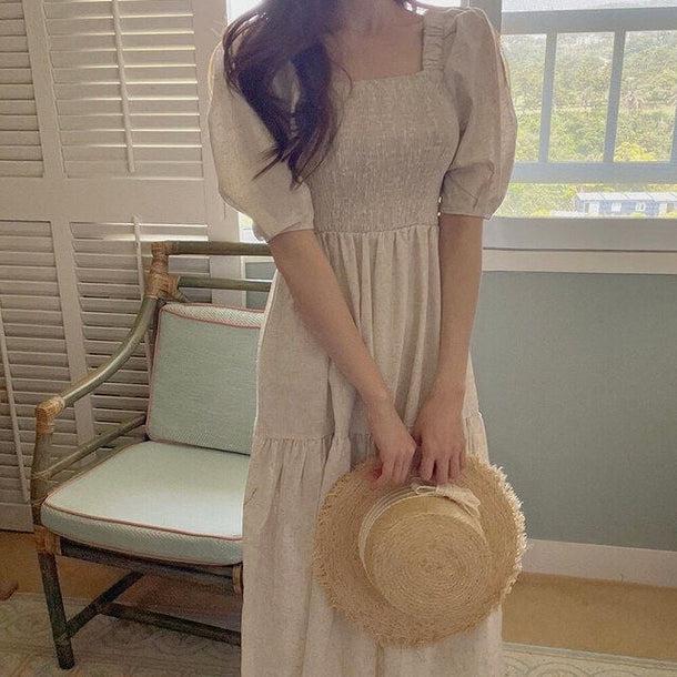 スクエアカラーレトロコットンワンピース 5157-お取り寄せ5157-画像3-韓国ファッション通販POPREA［ポップリア］