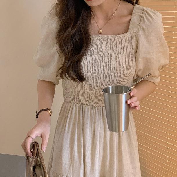 スクエアカラーレトロコットンワンピース 5157-お取り寄せ5157-画像4-韓国ファッション通販POPREA［ポップリア］