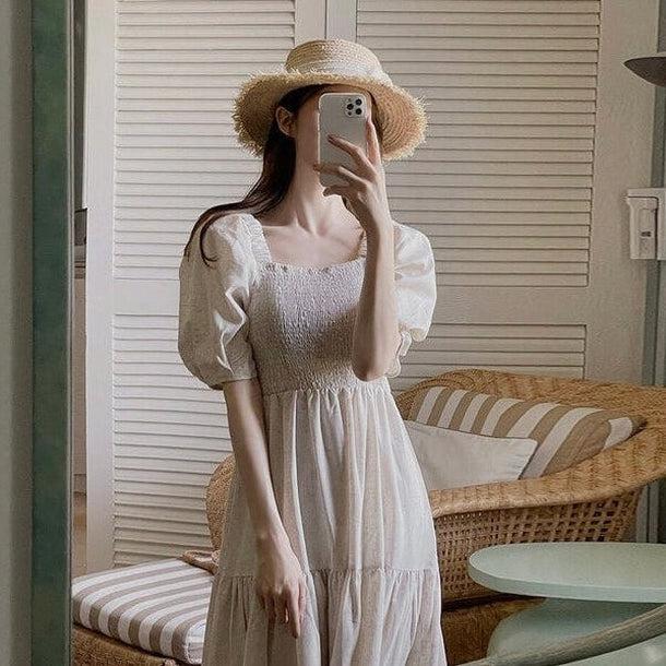 スクエアカラーレトロコットンワンピース 5157-お取り寄せ5157-画像1-韓国ファッション通販POPREA［ポップリア］