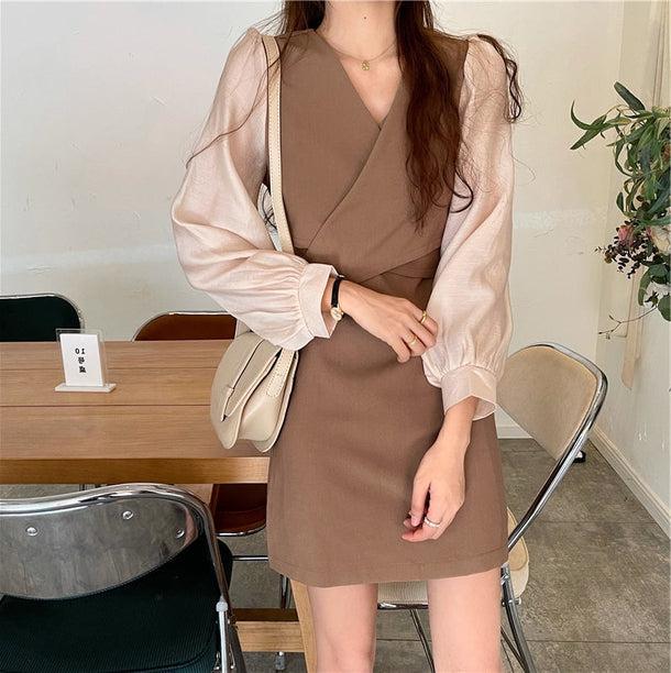 バックリボンドッキングワンピ 5160-S/khaki_お取り寄せ51601-画像1-韓国ファッション通販POPREA［ポップリア］