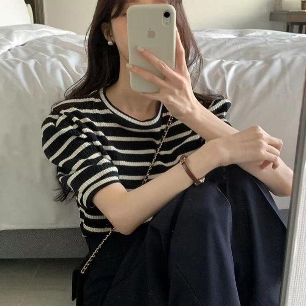 パフスリーブボーダーTシャツ 5168-お取り寄せ5168-画像2-韓国ファッション通販POPREA［ポップリア］