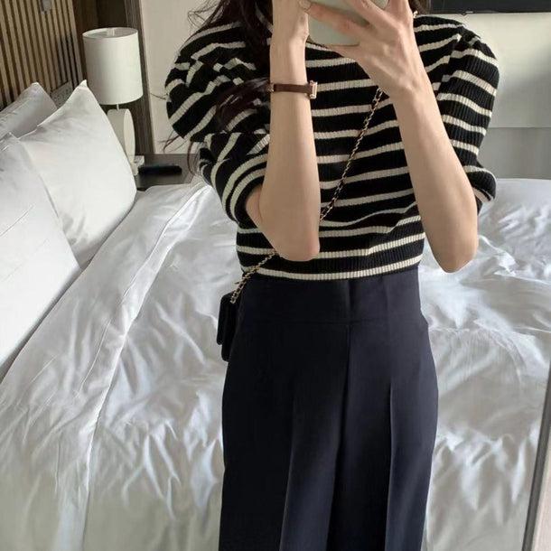 パフスリーブボーダーTシャツ 5168-お取り寄せ5168-画像3-韓国ファッション通販POPREA［ポップリア］