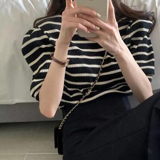 パフスリーブボーダーTシャツ 5168-お取り寄せ5168-画像4-韓国ファッション通販POPREA［ポップリア］