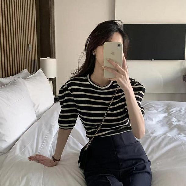 パフスリーブボーダーTシャツ 5168-お取り寄せ5168-画像6-韓国ファッション通販POPREA［ポップリア］