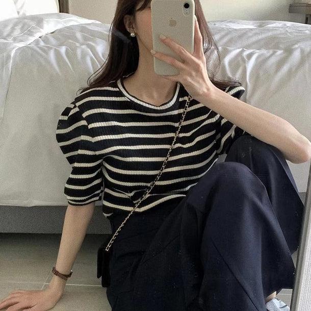 パフスリーブボーダーTシャツ 5168-お取り寄せ5168-画像1-韓国ファッション通販POPREA［ポップリア］
