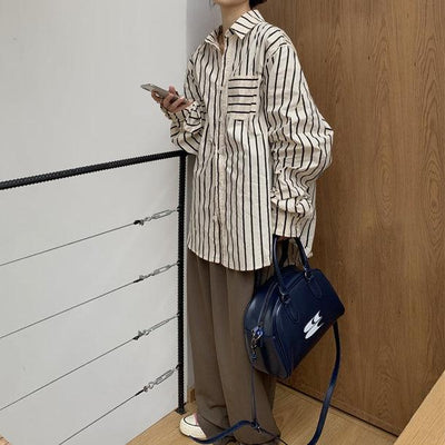 ストライプオーバーサイズシャツ 5181-black_お取り寄せ51811-画像2-韓国ファッション通販POPREA［ポップリア］