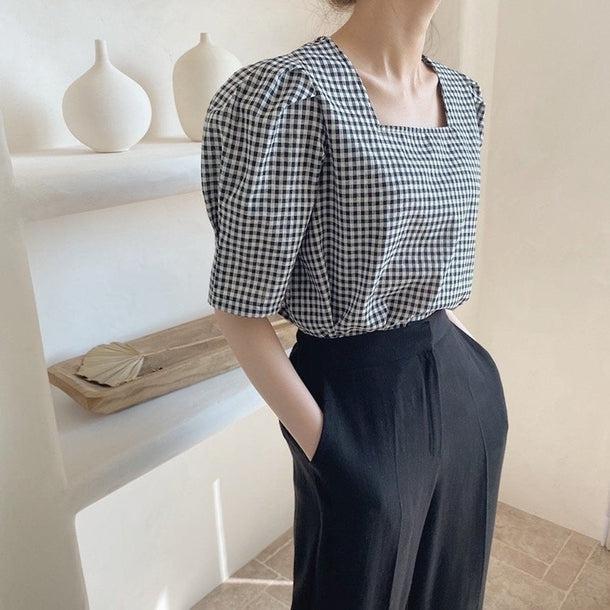 レトロチェックパターンパフスリブラウス 5192-black_お取り寄せ51923-画像12-韓国ファッション通販POPREA［ポップリア］
