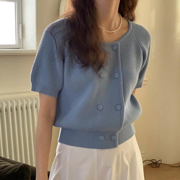 ノーカラーダブルボタンニット 5228-blue_お取り寄せ52281-画像1-韓国ファッション通販POPREA［ポップリア］