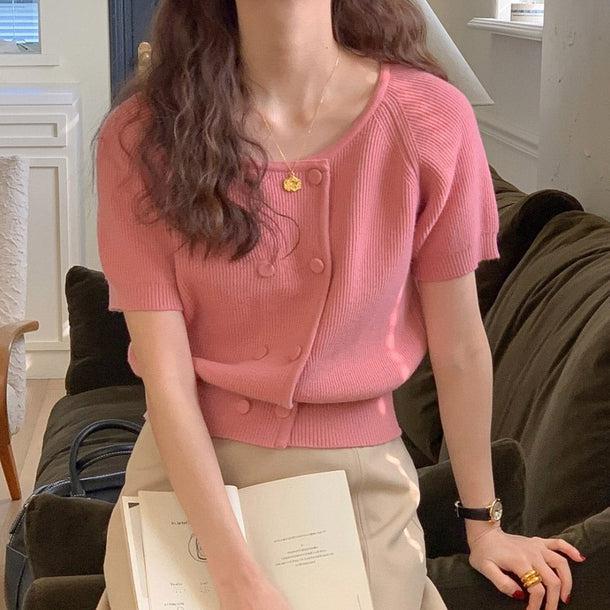 ノーカラーダブルボタンニット 5228-pink_お取り寄せ52283-画像10-韓国ファッション通販POPREA［ポップリア］