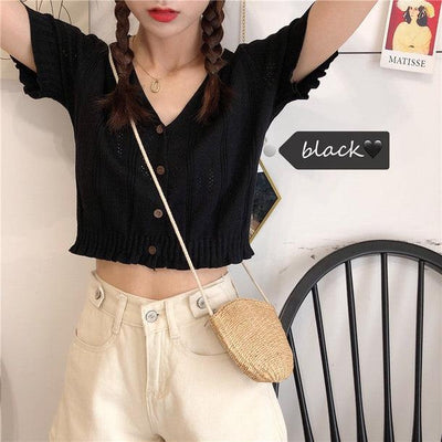 Vネックショート丈サマーニット 5260-S/black_お取り寄せ52604-画像6-韓国ファッション通販POPREA［ポップリア］