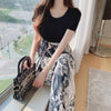 Tシャツドッキングフラワープリーツワンピース 5320-navy-blue_お取り寄せ5320-画像2-韓国ファッション通販POPREA［ポップリア］