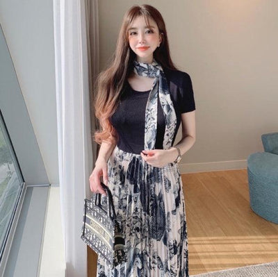 Tシャツドッキングフラワープリーツワンピース 5320-navy-blue_お取り寄せ5320-画像3-韓国ファッション通販POPREA［ポップリア］