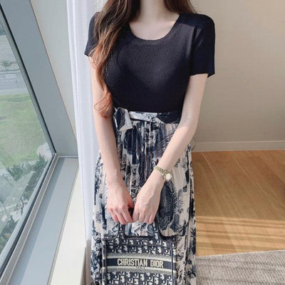 Tシャツドッキングフラワープリーツワンピース 5320-navy-blue_お取り寄せ5320-画像4-韓国ファッション通販POPREA［ポップリア］