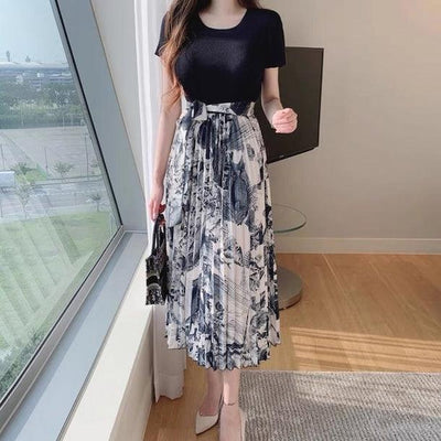 Tシャツドッキングフラワープリーツワンピース 5320-navy-blue_お取り寄せ5320-画像5-韓国ファッション通販POPREA［ポップリア］