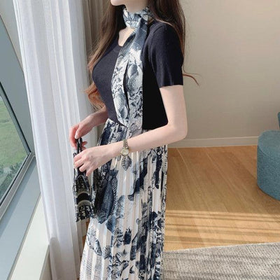 Tシャツドッキングフラワープリーツワンピース 5320-navy-blue_お取り寄せ5320-画像8-韓国ファッション通販POPREA［ポップリア］