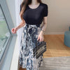 Tシャツドッキングフラワープリーツワンピース 5320-navy-blue_お取り寄せ5320-画像1-韓国ファッション通販POPREA［ポップリア］