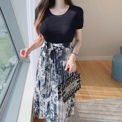 Tシャツドッキングフラワープリーツワンピース 5320-navy-blue_お取り寄せ5320-画像1-韓国ファッション通販POPREA［ポップリア］