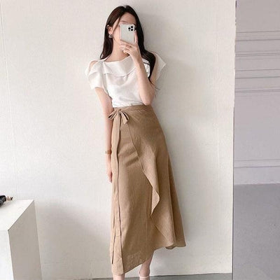 オフショルブラウス＋ロングスカート 5334-white × beige_お取り寄せ53341-画像1-韓国ファッション通販POPREA［ポップリア］