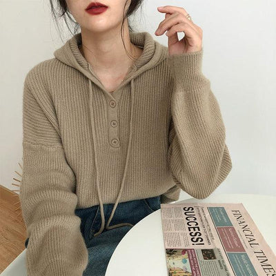 フード付きニットプルオーバー 5422-khaki_お取り寄せ54221-画像1-韓国ファッション通販POPREA［ポップリア］