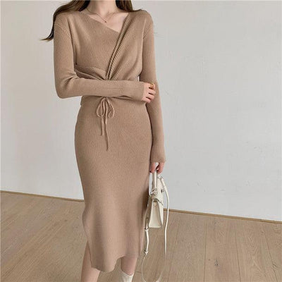 変形Vネックリブワンピース 5432-S/khaki_お取り寄せ54321-画像1-韓国ファッション通販POPREA［ポップリア］