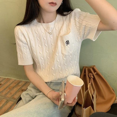 ツイストデザイン半袖ニット 5456-white_お取り寄せ54561-画像1-韓国ファッション通販POPREA［ポップリア］
