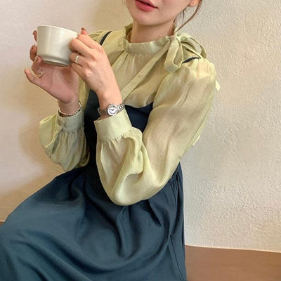 リボンハイネックブラウス 5479-green_お取り寄せ54791-画像1-韓国ファッション通販POPREA［ポップリア］