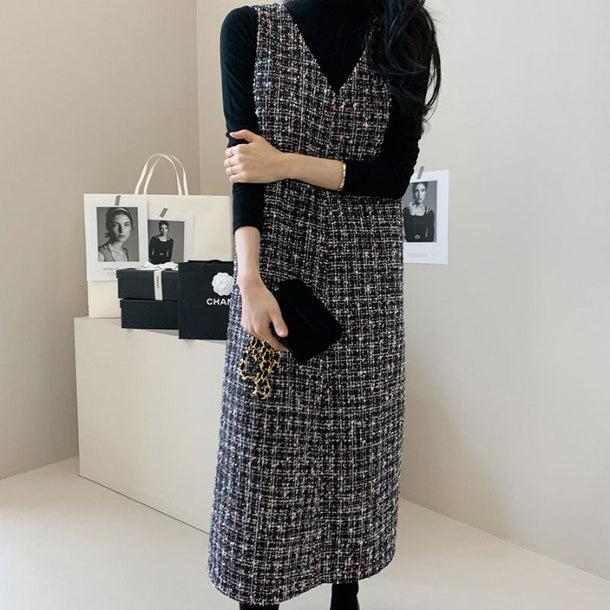 Vネックツイードロングベストワンピース 5515-gray_お取り寄せ5515-画像10-韓国ファッション通販POPREA［ポップリア］