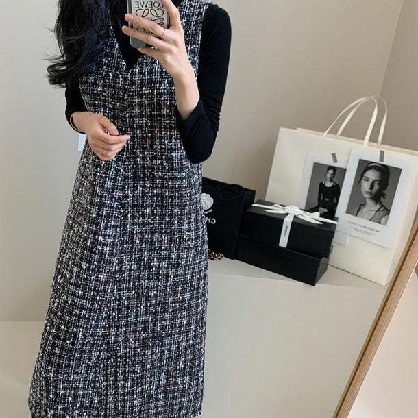 Vネックツイードロングベストワンピース 5515-gray_お取り寄せ5515-画像11-韓国ファッション通販POPREA［ポップリア］