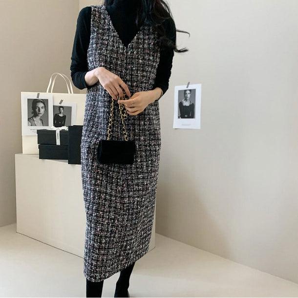 Vネックツイードロングベストワンピース 5515-gray_お取り寄せ5515-画像2-韓国ファッション通販POPREA［ポップリア］
