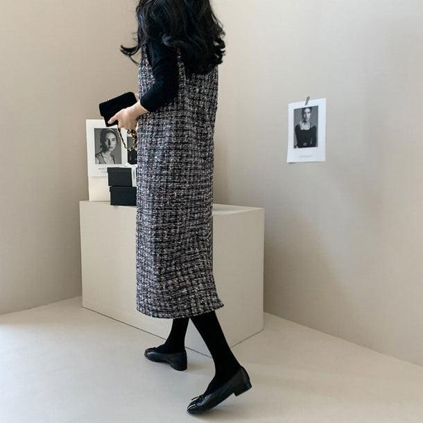 Vネックツイードロングベストワンピース 5515-gray_お取り寄せ5515-画像4-韓国ファッション通販POPREA［ポップリア］