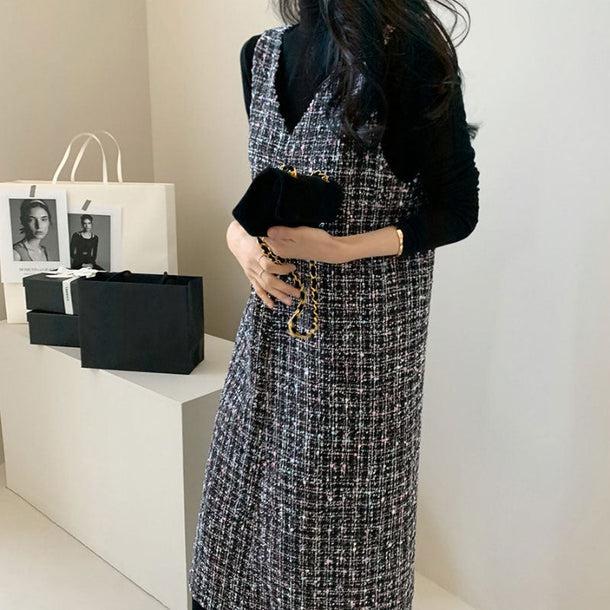 Vネックツイードロングベストワンピース 5515-gray_お取り寄せ5515-画像5-韓国ファッション通販POPREA［ポップリア］