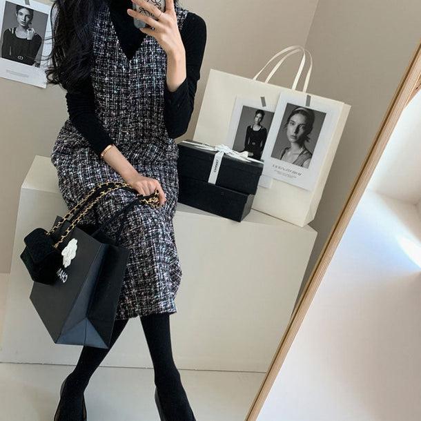 Vネックツイードロングベストワンピース 5515-gray_お取り寄せ5515-画像6-韓国ファッション通販POPREA［ポップリア］