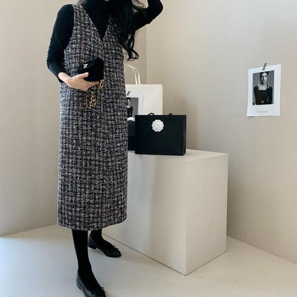 Vネックツイードロングベストワンピース 5515-gray_お取り寄せ5515-画像7-韓国ファッション通販POPREA［ポップリア］