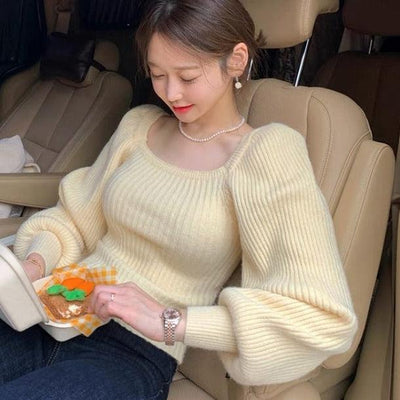 バルーンスリーブスクエアネックリブニット 5555-ivory_お取り寄せ55551-画像1-韓国ファッション通販POPREA［ポップリア］