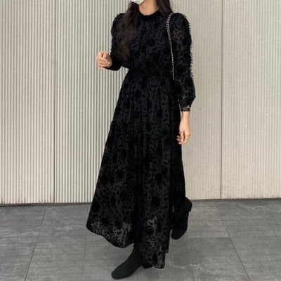 ペイズリーデザインブラックワンピース 5640-black_お取り寄せ5640-画像3-韓国ファッション通販POPREA［ポップリア］