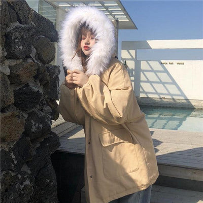 ファーフードミドル丈コットンジャケット﻿ 5684-khaki_お取り寄せ5684-画像7-韓国ファッション通販POPREA［ポップリア］